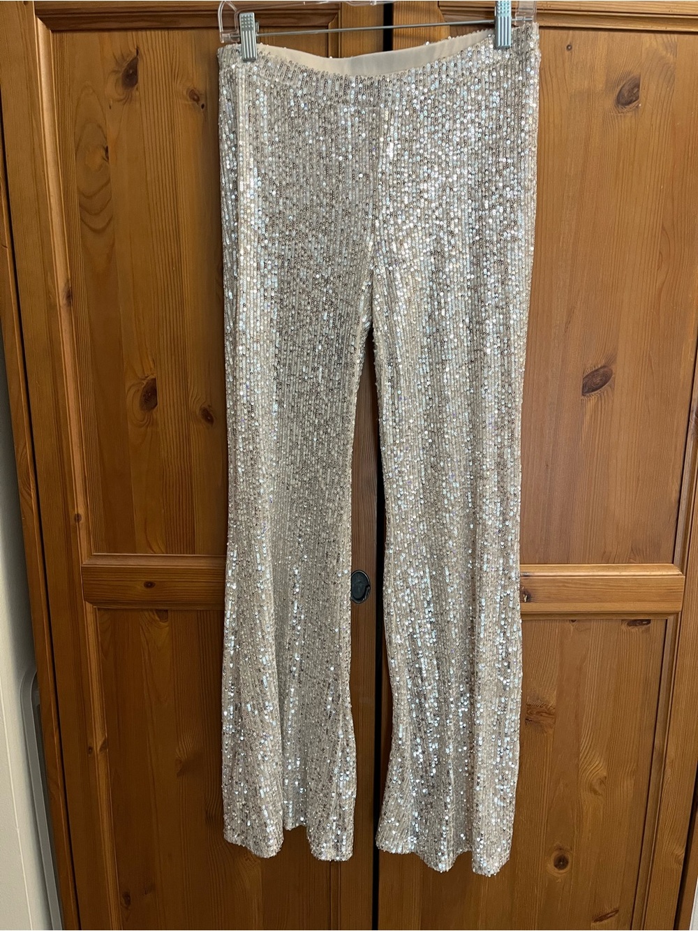 Silver sequined flare disco pants size medium
